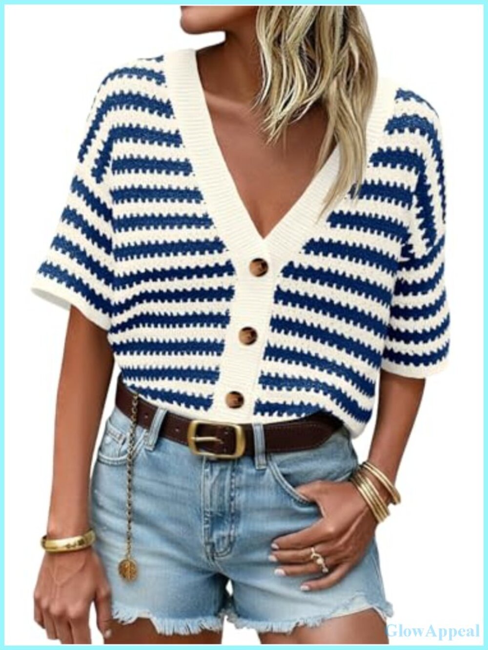 Women's Striped Short Sleeve Button Up Cardigan Crochet Knit Sweater